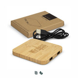 A bamboo wireless fast charging hub with a USB cable, presented alongside a brown packaging box. It features a logo. A bamboo wireless fast charging hub with a USB cable, presented alongside a brown packaging box. It features a logo.