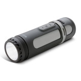 A black and grey 4-in-1 speaker and flashlight with buttons and a transparent section. It features a branding logo. A black and grey 4-in-1 speaker and flashlight with buttons and a transparent section. It features a branding logo.