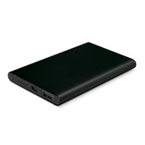 A black power bank with a smooth finish, USB port, and LED indicator lights. It features a logo on one side. A black power bank with a smooth finish, USB port, and LED indicator lights. It features a logo on one side.
