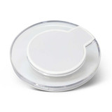 A round, clear Apollo wireless charger with a white charging pad and a compact design. It has a simple logo. A round, clear Apollo wireless charger with a white charging pad and a compact design. It has a simple logo.