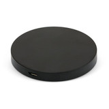 A round black wireless charger with a USB-C port, featuring a sleek, minimalist design. A round black wireless charger with a USB-C port, featuring a sleek, minimalist design.
