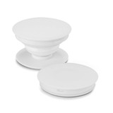A white phone grip with a collapsible design, featuring a circular shape and a base. It includes a branding logo. A white phone grip with a collapsible design, featuring a circular shape and a base. It includes a branding logo.