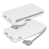 A white wireless charging power bank with a grey cable attached, featuring multiple charging ports and a logo. A white wireless charging power bank with a grey cable attached, featuring multiple charging ports and a logo.