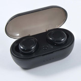 A pair of black wireless earbuds in a charging case, with a glossy finish and a logo on the case. A pair of black wireless earbuds in a charging case, with a glossy finish and a logo on the case.