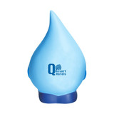 A blue water drop stress reliever with a rounded base and a logo on the front.