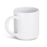 A white stackable coffee mug with a smooth finish and a sturdy handle. It features a branding logo. A white stackable coffee mug with a smooth finish and a sturdy handle. It features a branding logo.