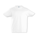A white kids' T-shirt featuring short sleeves and a simple design, with a branding logo. A white kids' T-shirt featuring short sleeves and a simple design, with a branding logo.