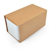 A light grey eco lunch box with a brown paper sleeve. It features a simple design and has a logo. A light grey eco lunch box with a brown paper sleeve. It features a simple design and has a logo.