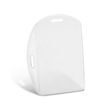 A clear, transparent ID holder with a rounded shape and side slots for attachment. A clear, transparent ID holder with a rounded shape and side slots for attachment.