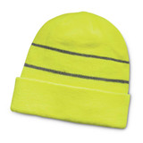 A bright yellow beanie with grey stripes, featuring a logo on the side. Ideal for high visibility. A bright yellow beanie with grey stripes, featuring a logo on the side. Ideal for high visibility.