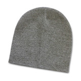 A grey knit beanie featuring a seamless design and a logo. A grey knit beanie featuring a seamless design and a logo.