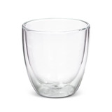A double-walled glass tumbler, clear, with a sleek design and a slight curved shape, featuring branding.
