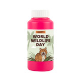 A pink drink bottle featuring a tiger illustration, with an outdoor themed background and a logo. A pink drink bottle featuring a tiger illustration, with an outdoor themed background and a logo.