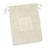 A natural-coloured cotton produce bag with a drawstring closure and a square patch. A natural-coloured cotton produce bag with a drawstring closure and a square patch.