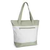 A tote bag in white and light green with a front zip pocket and two sturdy handles. It features a logo on the front. A tote bag in white and light green with a front zip pocket and two sturdy handles. It features a logo on the front.