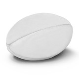 A white mini rugby ball with a textured surface and a subtle seam design. It features a logo. A white mini rugby ball with a textured surface and a subtle seam design. It features a logo.