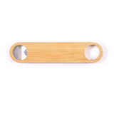 A drink bottle opener made of bamboo, featuring a silver metal opener with two circular holes. It has a simple, natural design. A drink bottle opener made of bamboo, featuring a silver metal opener with two circular holes. It has a simple, natural design.