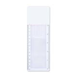 A white bookmark magnifier ruler featuring a clear magnifying section and a measurement scale along one edge. A white bookmark magnifier ruler featuring a clear magnifying section and a measurement scale along one edge.