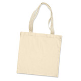 A cream-coloured cotton tote bag with long handles and a simple design, featuring a logo. A cream-coloured cotton tote bag with long handles and a simple design, featuring a logo.
