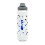 A drink bottle in white with a grey lid, featuring a logo and various patterns.