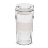 A double wall glass cup with a white silicone sleeve, featuring a clear, elegant design. It includes a lid. A double wall glass cup with a white silicone sleeve, featuring a clear, elegant design. It includes a lid.