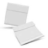 A white reusable food pouch with a flap closure, featuring a smooth texture and a logo. A white reusable food pouch with a flap closure, featuring a smooth texture and a logo.