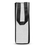 A black and white wine tote bag with two sturdy handles and a simple design. It features branding. A black and white wine tote bag with two sturdy handles and a simple design. It features branding.