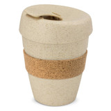 A drink bottle with a speckled cream body, cork band, and a fitted lid. It features a branding logo. A drink bottle with a speckled cream body, cork band, and a fitted lid. It features a branding logo.