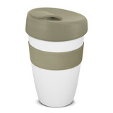 A drink bottle featuring a white body with a green silicone lid and band, designed for carrying beverages. A drink bottle featuring a white body with a green silicone lid and band, designed for carrying beverages.