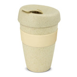 A drink bottle in a light beige colour with a matching lid and a band around the middle. It features a logo. A drink bottle in a light beige colour with a matching lid and a band around the middle. It features a logo.