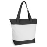 A full colour tote bag featuring a black upper section and a white lower section, with sturdy straps and a logo. A full colour tote bag featuring a black upper section and a white lower section, with sturdy straps and a logo.