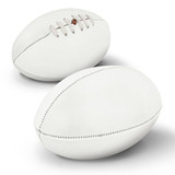 Two white AFL mini balls with stitching details, one positioned on its side and the other upright. Two white AFL mini balls with stitching details, one positioned on its side and the other upright.
