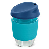 A drink bottle featuring a borosilicate glass body, a teal silicone sleeve, and a navy blue lid.
