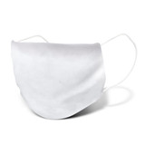 A reusable face mask in white, featuring elastic ear loops and a smooth texture. It has a logo on one side. A reusable face mask in white, featuring elastic ear loops and a smooth texture. It has a logo on one side.