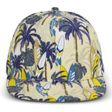 A flat peak cap featuring a colourful palm tree and surfboard pattern in shades of yellow and purple. A flat peak cap featuring a colourful palm tree and surfboard pattern in shades of yellow and purple.
