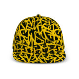 A flat peak cap featuring a black background with a vibrant yellow graffiti-style pattern and a branding logo.