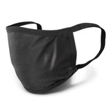 A black 3-ply cotton face mask with ear straps and a subtle texture, featuring a logo. A black 3-ply cotton face mask with ear straps and a subtle texture, featuring a logo.