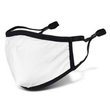 A full colour reusable face mask in white with black trim and adjustable ear straps. Features a logo. A full colour reusable face mask in white with black trim and adjustable ear straps. Features a logo.