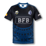 A black and navy blue custom men's rugby performance t-shirt with a logo and patterned design. A black and navy blue custom men's rugby performance t-shirt with a logo and patterned design.