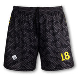 Custom men's volleyball shorts in black with a dotted pattern and bright yellow accents, featuring a logo and number 18. Custom men's volleyball shorts in black with a dotted pattern and bright yellow accents, featuring a logo and number 18.
