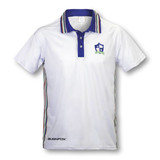 A white men's tennis top featuring a blue collar and multi-coloured stripes, with a logo on the left chest. A white men's tennis top featuring a blue collar and multi-coloured stripes, with a logo on the left chest.