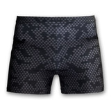 Custom women's volleyball shorts in a black and grey honeycomb pattern, featuring a logo on the side. Custom women's volleyball shorts in a black and grey honeycomb pattern, featuring a logo on the side.