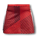 A red netball skirt featuring diagonal black stripes and side detailing. Includes a logo or branding element. A red netball skirt featuring diagonal black stripes and side detailing. Includes a logo or branding element.