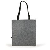 A grey felt tote bag with black handles, featuring a small logo on the side. A grey felt tote bag with black handles, featuring a small logo on the side.