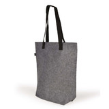 A grey tote bag with black handles, featuring a logo. Ideal for carrying various items. A grey tote bag with black handles, featuring a logo. Ideal for carrying various items.