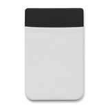 A Lycra phone wallet featuring a white body with a black top section and a logo on the surface. A Lycra phone wallet featuring a white body with a black top section and a logo on the surface.