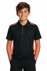 A black polo shirt with orange accents, worn by a smiling child. The shirt has a collar and buttons.