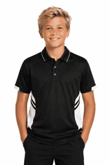 A black polo shirt with white accents, featuring a logo, modelled by a boy with blonde hair.