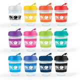 A set of reusable coffee cups in various colours, featuring flip lids and logos, arranged in a grid pattern.