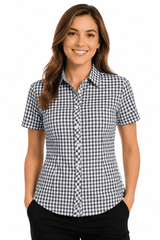 A short-sleeve button-up shirt in black and white gingham pattern, featuring a collar and a fitted style.